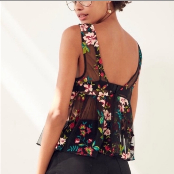 Ecote floral black peplum crop top with v neck, semi sheer with floral embroider - Picture 2 of 6